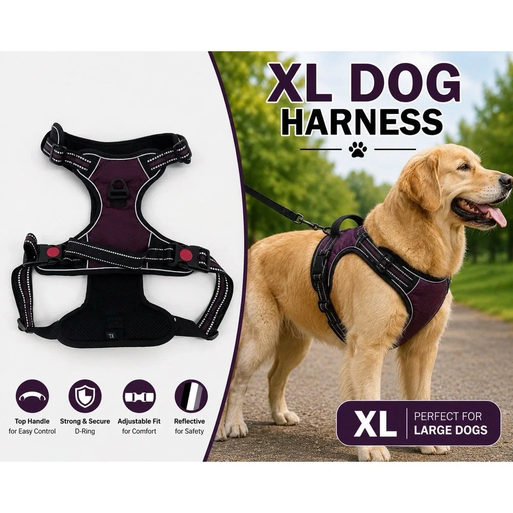 tobeDRI Reflective Dog Harness Purple Black Mesh Adjustable Size XL Pet Vest